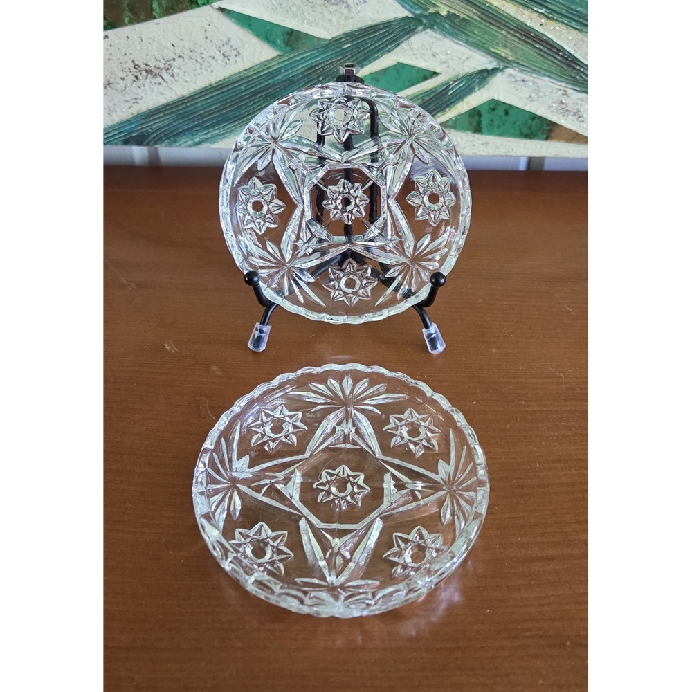 2 Anchor Hocking Star of‎ David Crystal Drink Coasters Trinket Dishes Scalloped